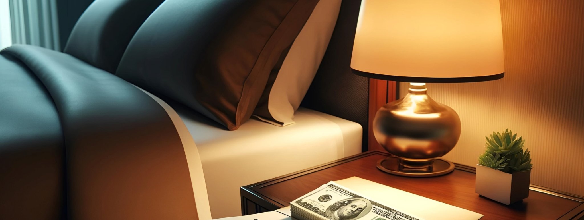 Bank notes in envelope on top of a bedside table